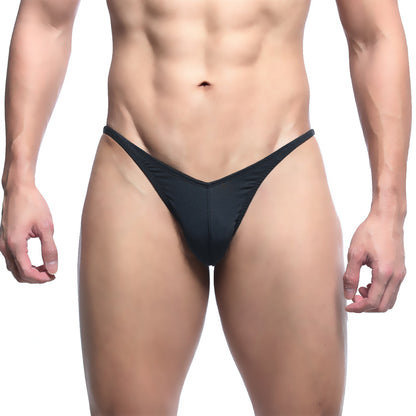 Black form-fitting thong posing suit made of smooth stretchy fabric by metromalewear ifbb pro shown from the back