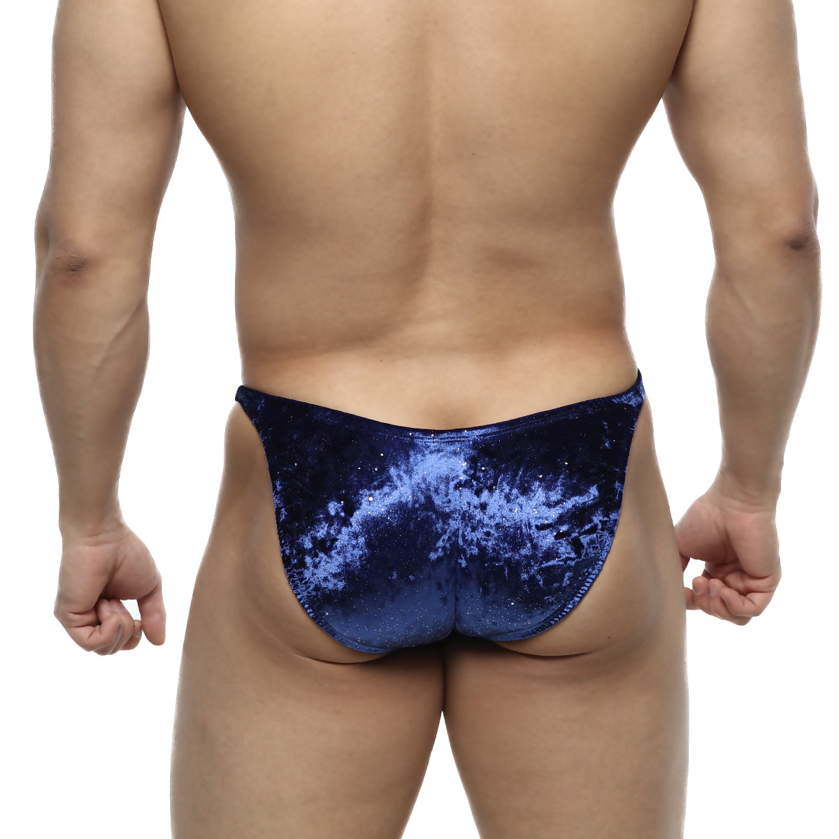 Deep blue velvet swim trunks with a shimmering galaxy pattern from MetroMaleWear posingwear ifbb pro posing suit blue