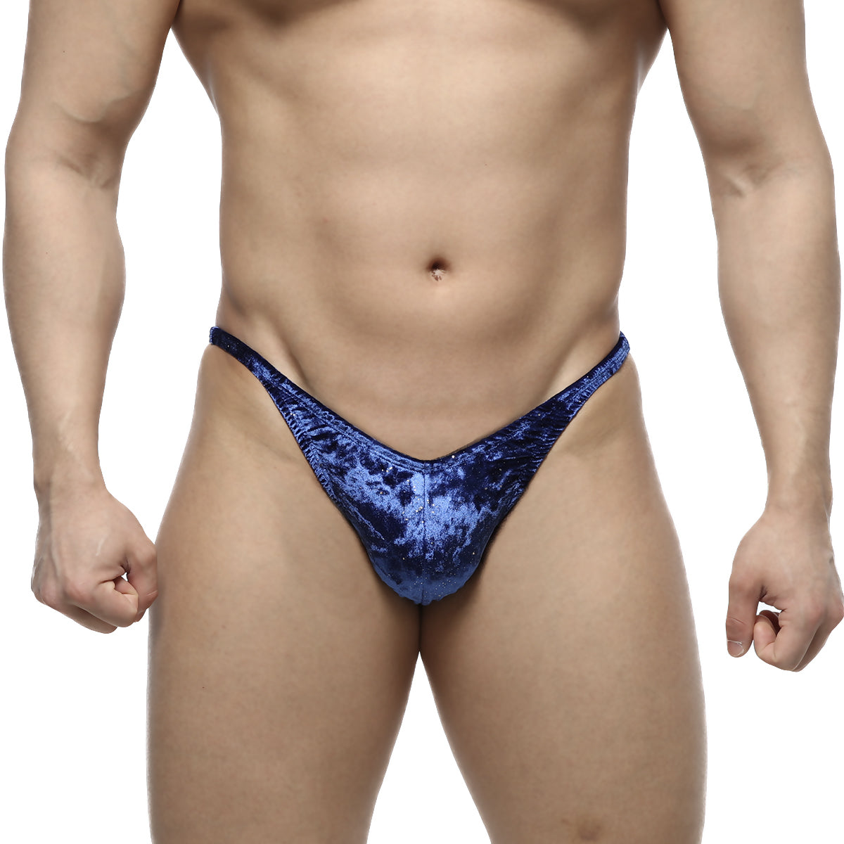 Blue velvet thong with a shimmering textured finish from MetroMaleWear IFBB pro posing suit collection in blue