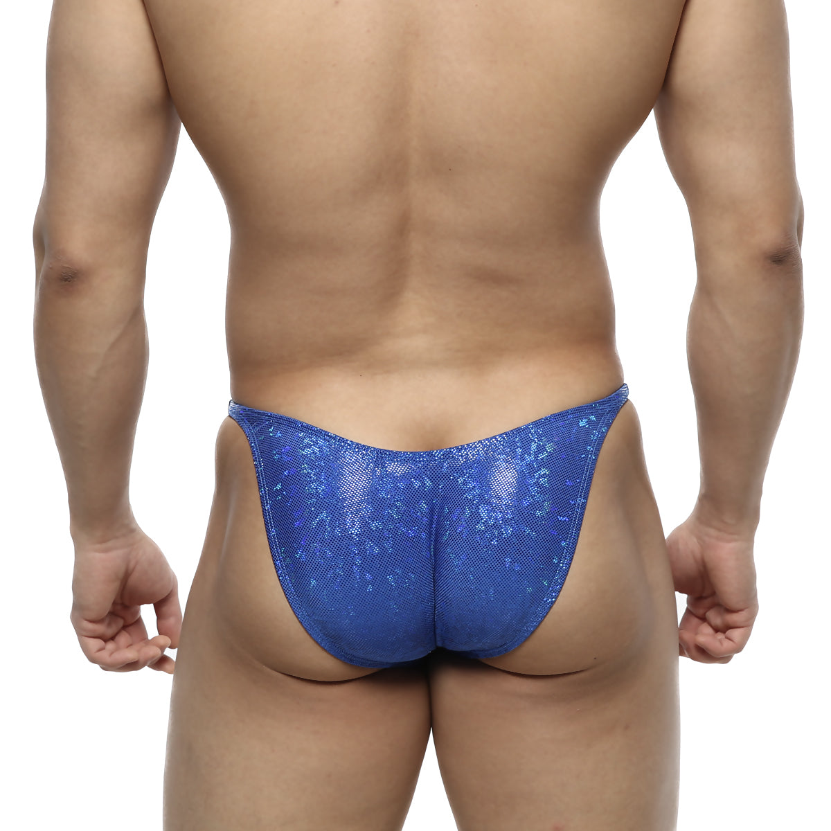 MetroMaleWear posingwear IFBB PRO dazzling blue thong with shiny blue sequined textured surface for competition use