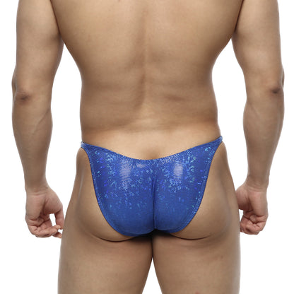 MetroMaleWear posingwear IFBB PRO dazzling blue thong with shiny blue sequined textured surface for competition use