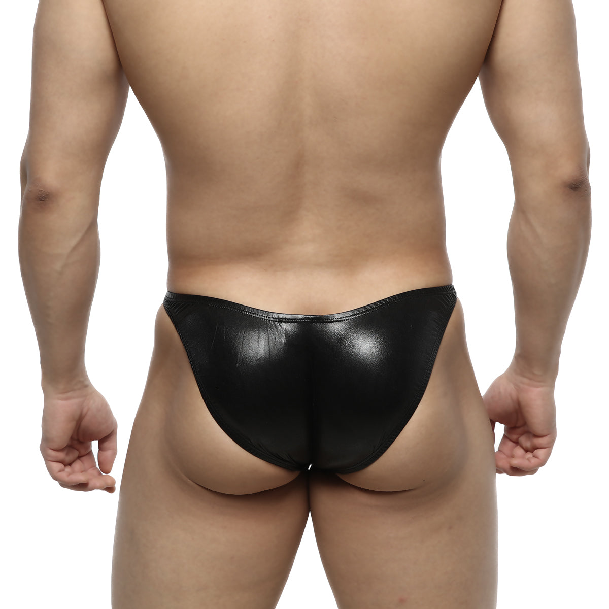 Black glossy faux leather thong with sleek minimalist design for metroMalewear IFBB PRO posing suit leather