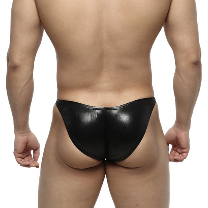 Black glossy faux leather thong with sleek minimalist design for metroMalewear IFBB PRO posing suit leather