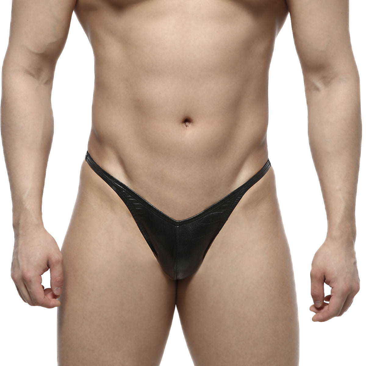 Black glossy latex thong with subtle textured pattern in MetroMaleWear PosingWear IFBB PRO leather posing suit back view