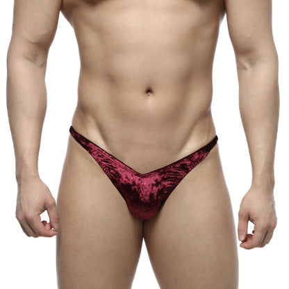 MetroMaleWear IFBB PRO posing suit deep red velvet thong with subtle textured pattern front view
