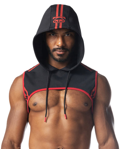 Black and red ignite cropped hoodie with bold logo on chest and contrasting trim along edges