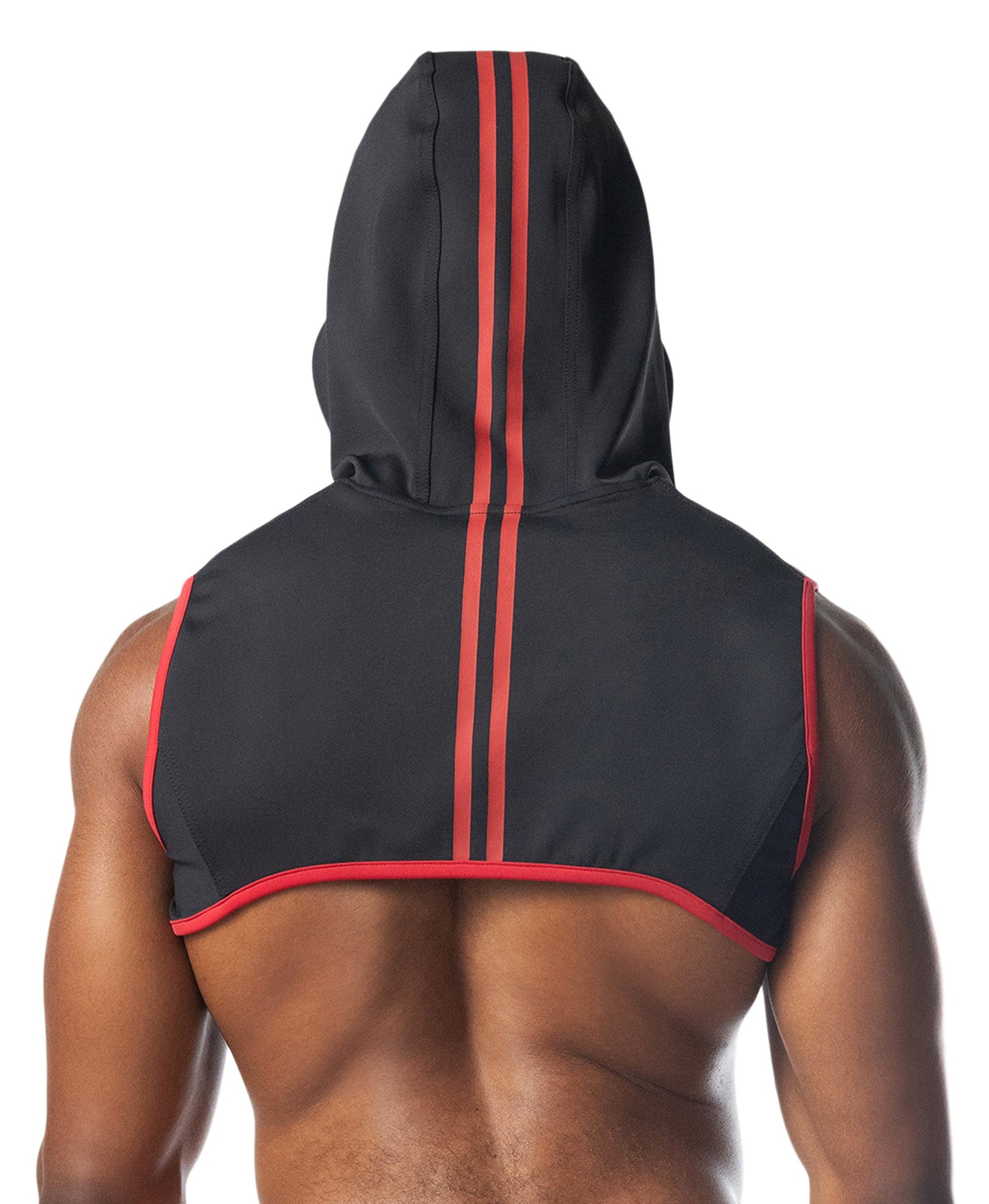 Back view of ignite cropped hoodie black sleeveless hoodie with red stripes down the back and armholes