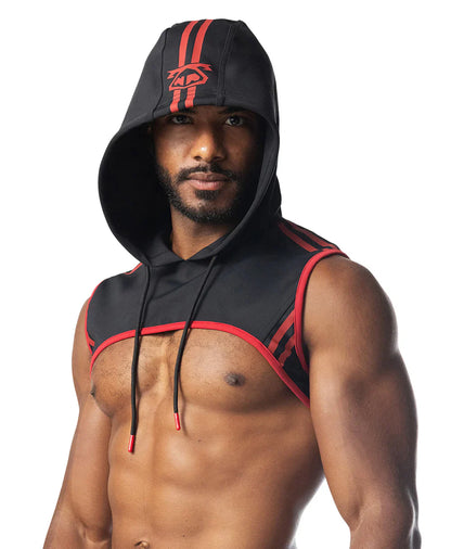 Ignite cropped hoodie in black and red sleeveless design with bold hood stripes and red embroidered logo