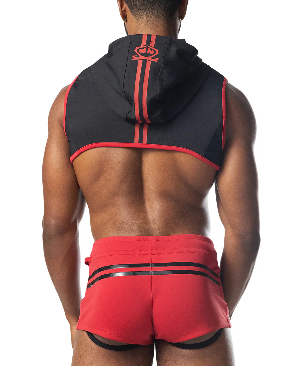 Back view of black and red ignite cropped sleeveless hoodie with hood two vertical orange stripes and embroidered logo