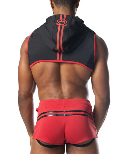 Back view of black and red ignite cropped sleeveless hoodie with hood two vertical orange stripes and embroidered logo