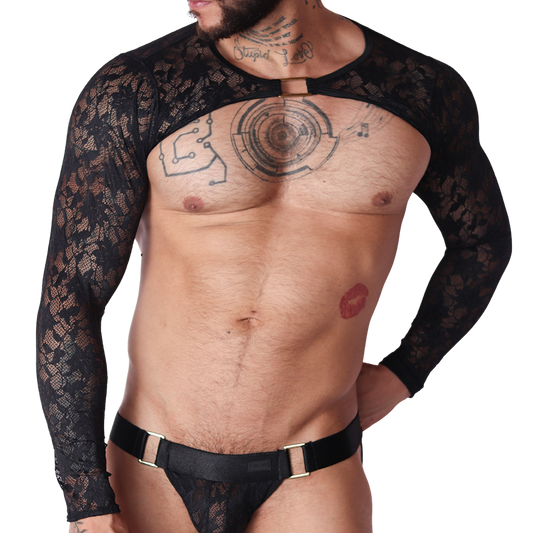 Front view of Gigo Illusion black lace harness top with long sleeves, gold hardware, and matching lace jockstrap.