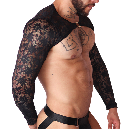 Side view of Gigo Illusion black lace harness top with long sleeves and gold hardware detail.