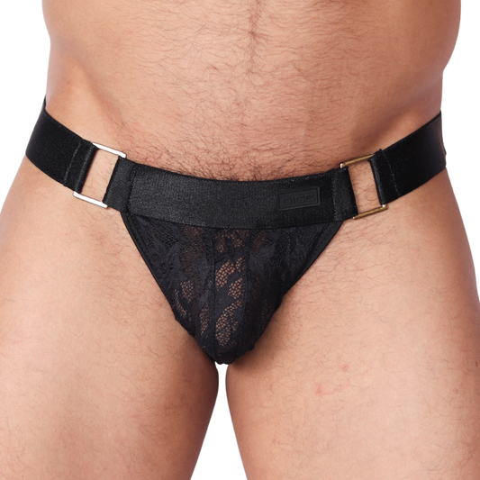 Front view of Gigo Illusion black lace jockstrap with metallic ring hardware and elastic waistband.