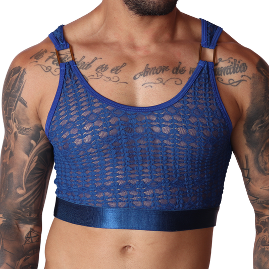 Front view of Gigo blue lace crop top with metallic rings and solid elastic band on a tattooed male model.