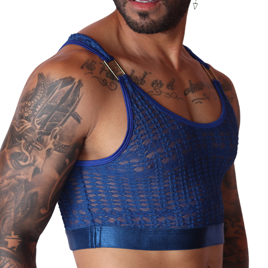 Gigo Illusion blue lace crop top, side view, featuring metallic gold ring strap connectors and a smooth elastic band.