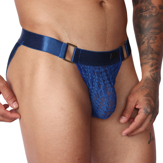 Gigo Illusion blue lace jockstrap with metal side rings. Front view detail showing floral fabric and elastic waistband.