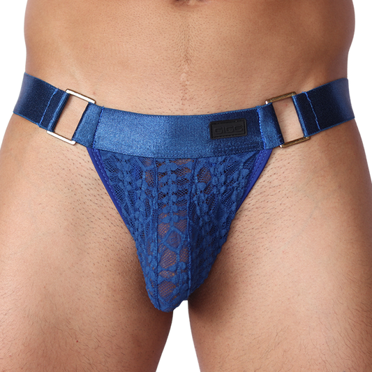 Front view of Gigo Illusion blue lace jockstrap with metallic side rings and Gigo logo patch.