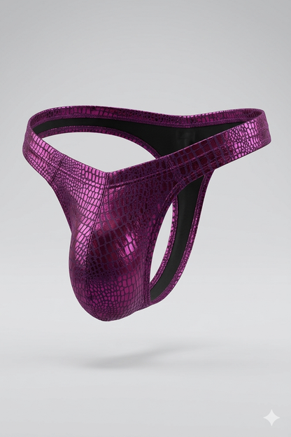 JJ Malibu Men's Metallica Men's Thong with Bulge Pouch - Purple Croc