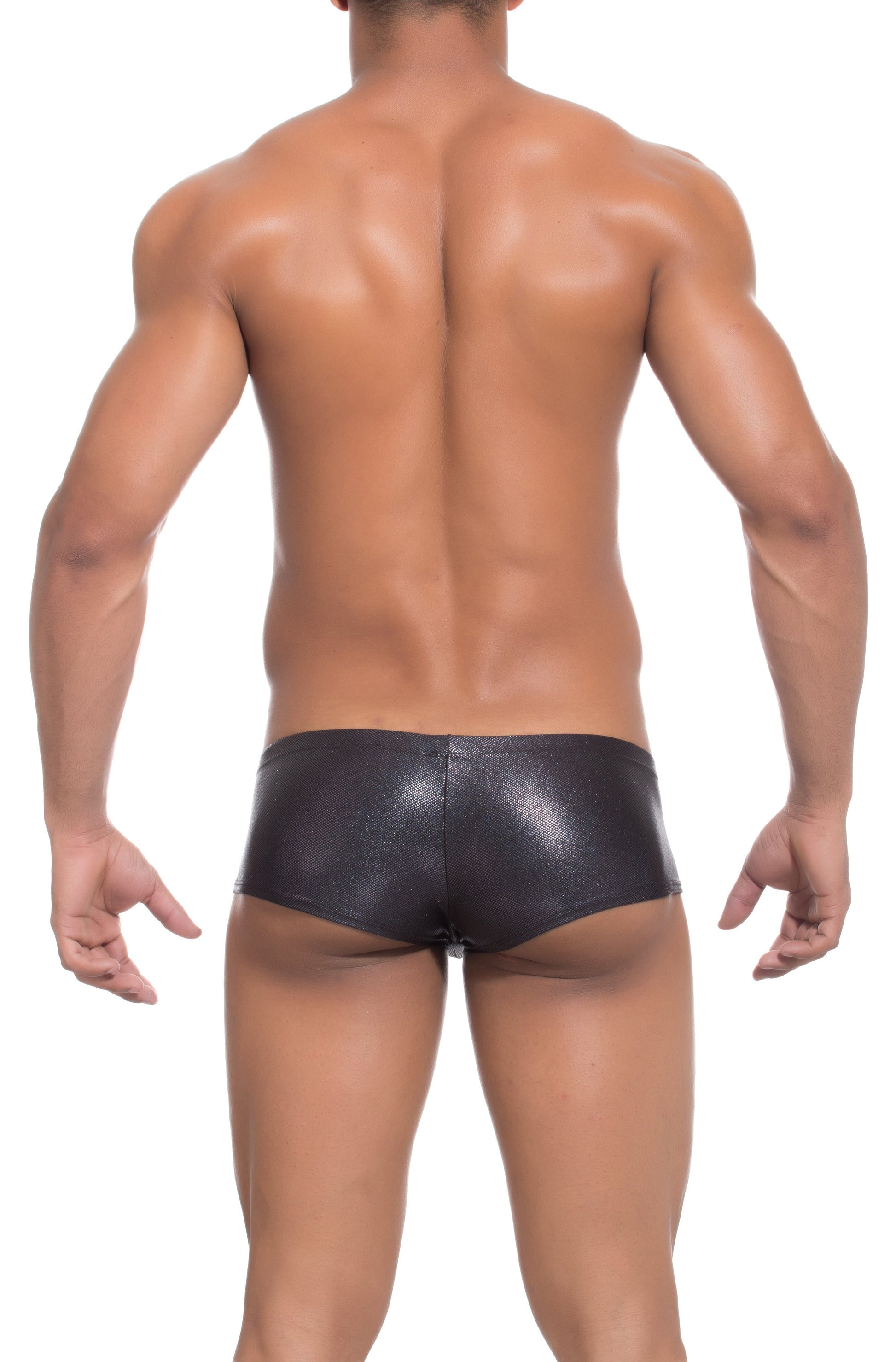 Black shiny faux leather joe snyder bulge boxer briefs with sleek form fitting design