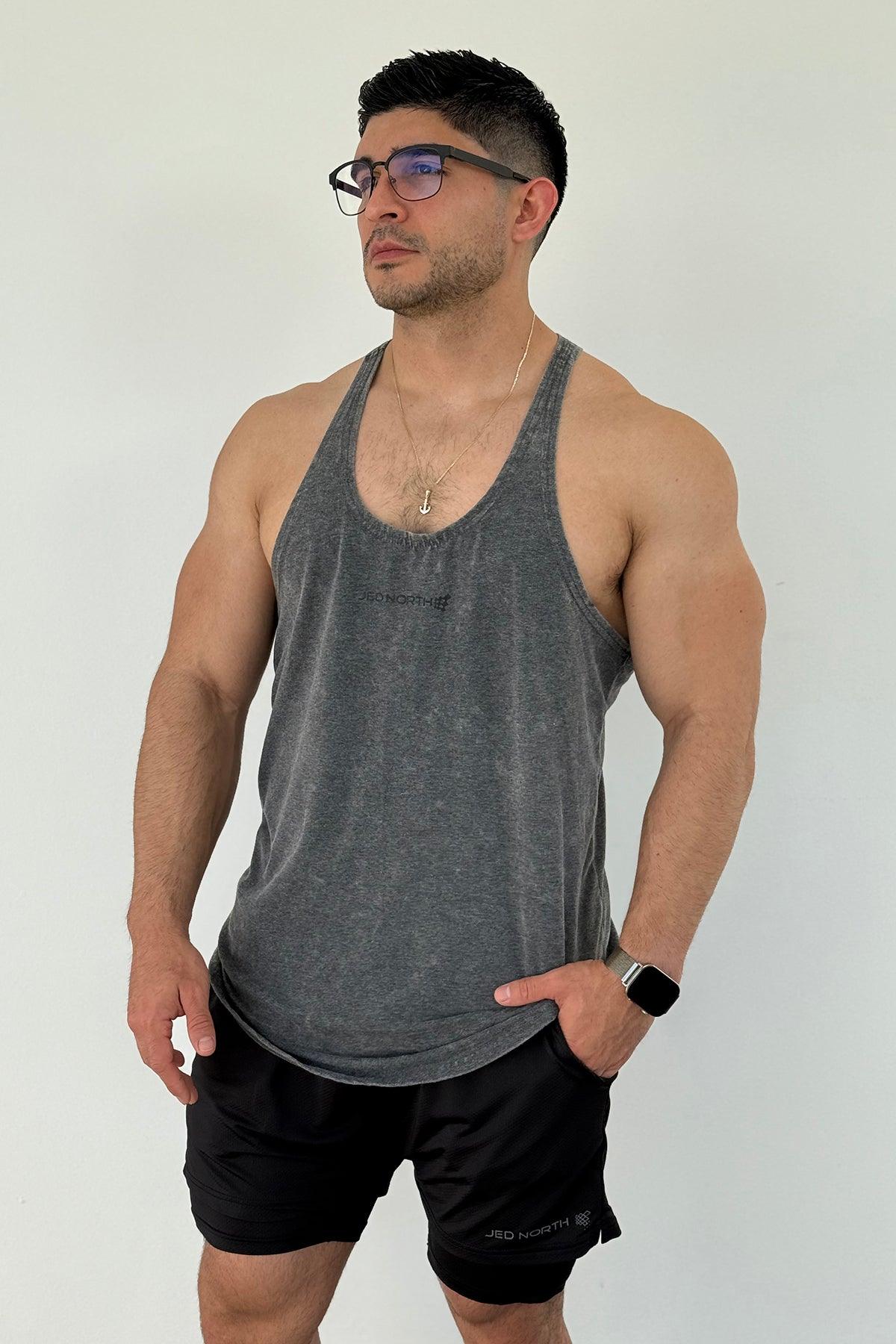 Jed North Men's Retro Washed Bodybuilding Stringer - Heather Gray