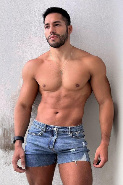 JJ Malibu Men's Rockstar Raw Cut 2.5" Denim Short Shorts - Washed Blue