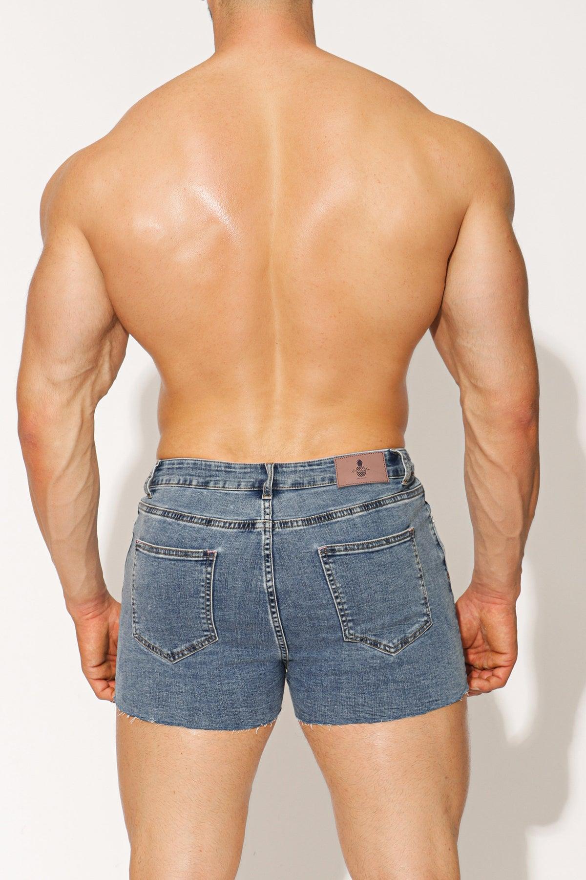 JJ Malibu Men's Rockstar Raw Cut 2.5" Denim Short Shorts - Washed Blue