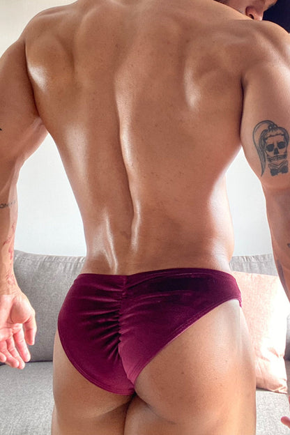 JJ Malibu Men's Velvety Scrunch-Butt Bikini Briefs - Maroon