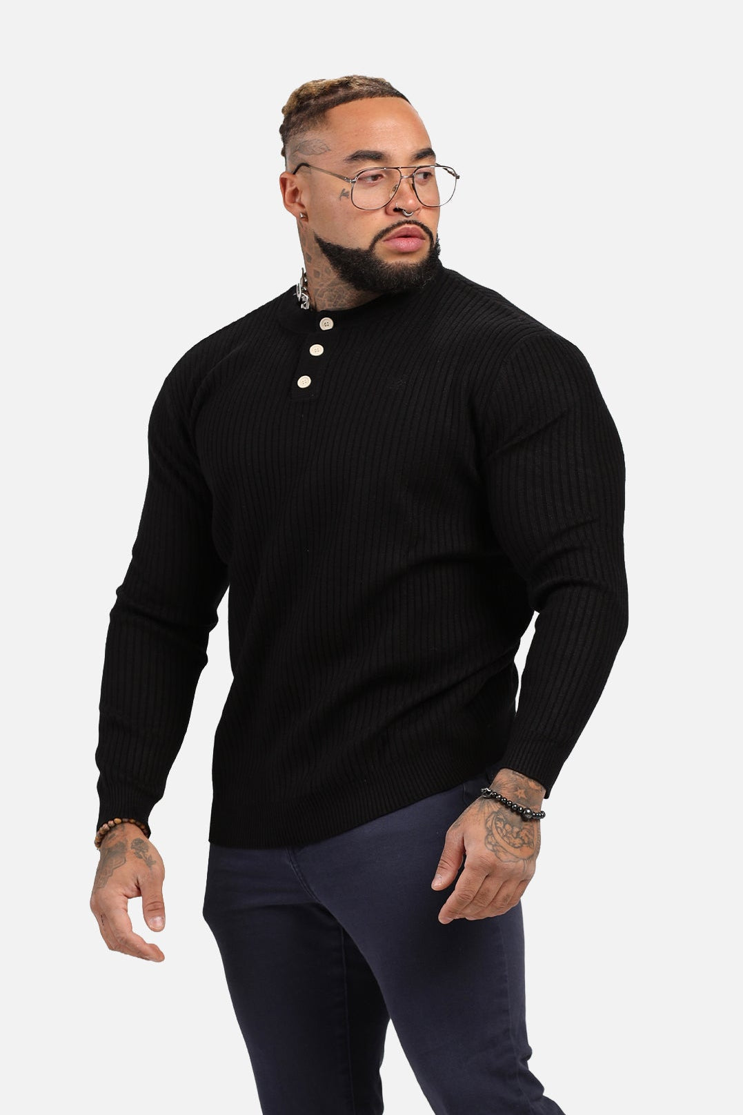 Jed North Men's Classic Henley Sweater  - Black