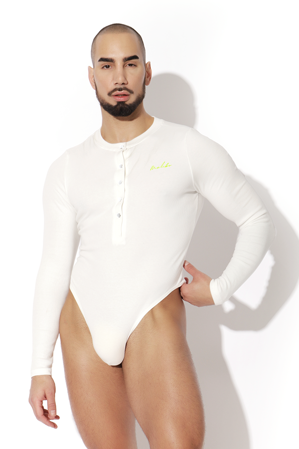 JJ Malibu Men's Infinity Long Sleeve Button Up Bodysuit - White