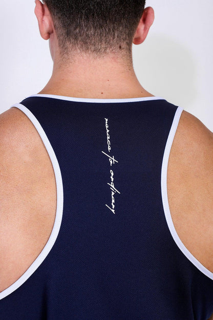 Jed North Men's Fast-Dry Bodybuilding Workout Stringer - Navy w/ White Menace