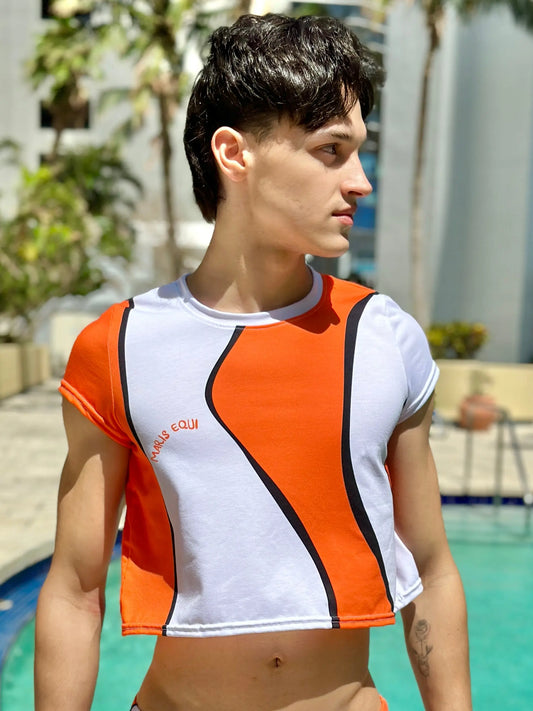 Men's cropped tee shirt in orange and white with black accents made by Maris Equi featuring a modern design and short sleeves.