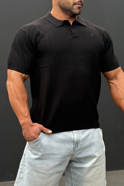Jed North Men's Rib Knit Collared Polo  - Onyx Black
