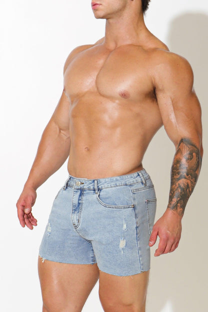 JJ Malibu Men's Rockstar Raw Cut 2.5" Denim Short Shorts - Capri Blue