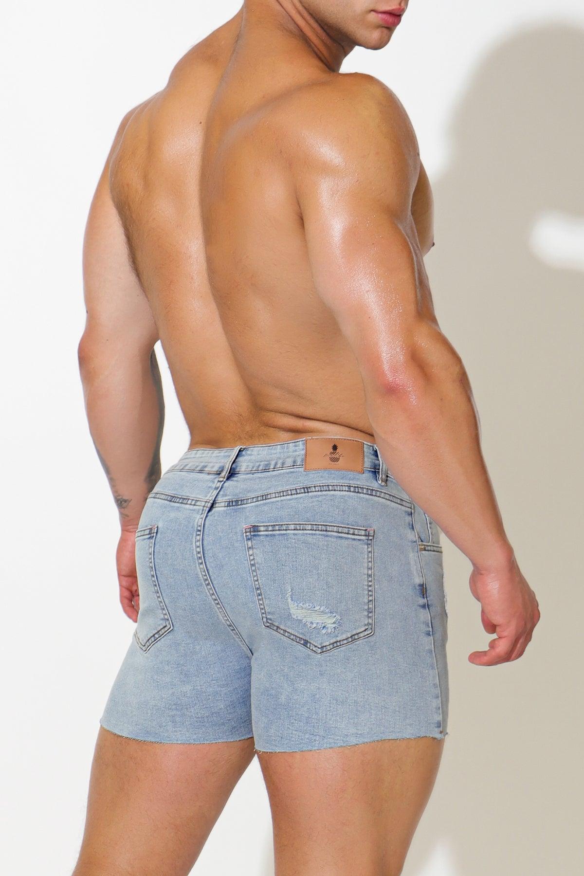 JJ Malibu Men's Rockstar Raw Cut 2.5" Denim Short Shorts - Capri Blue