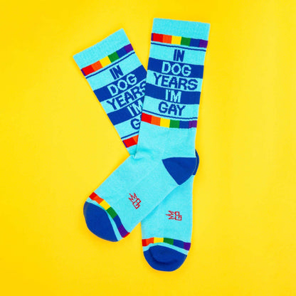 Light blue crew socks with bold navy stripes rainbow accents and navy lettering saying in dog years im gay