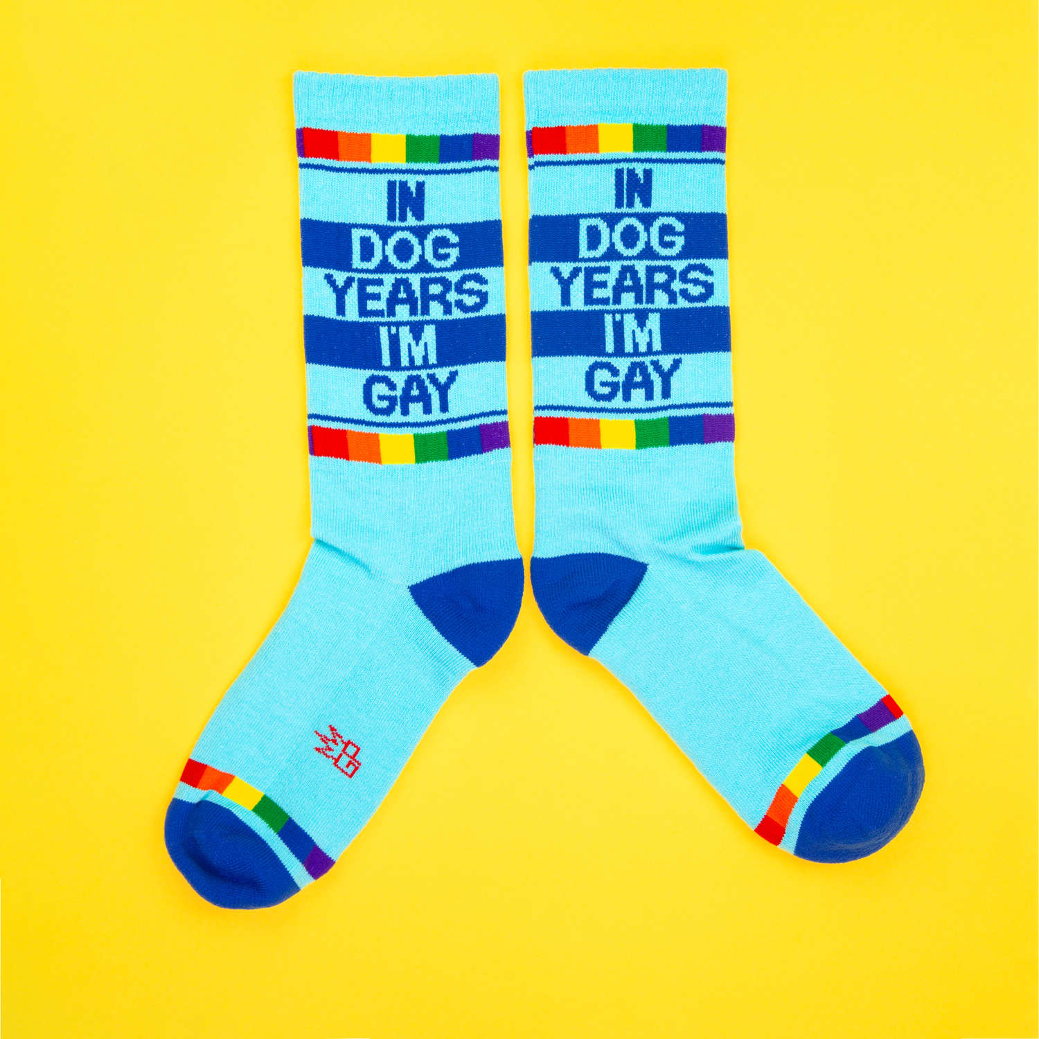 Light blue crew socks with navy text in dog years im gay rainbow stripes and dark blue toe caps