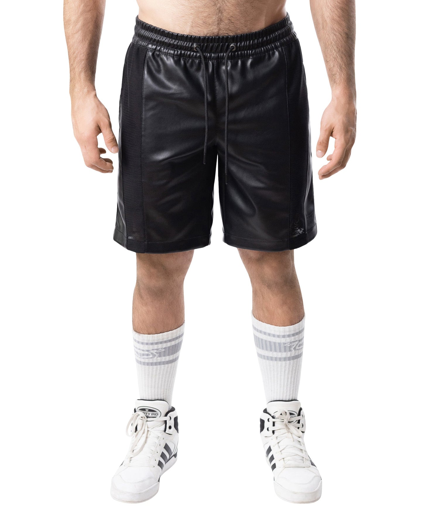 Black faux leather intake classic short with drawstring waistband and side seam stitching for casual wear
