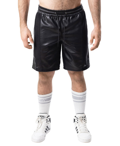 Black faux leather intake classic short with drawstring waistband and side seam stitching for casual wear