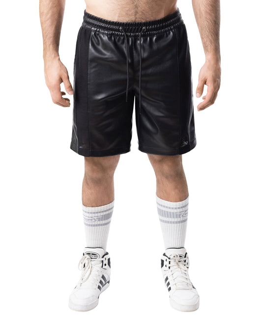 Black faux leather intake classic short with drawstring waistband and side seam stitching for casual wear