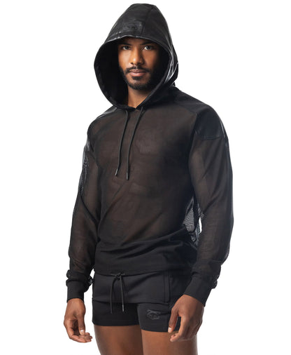 Intake hooded long sleeve black mesh hoodie with solid black front panel and drawstring hood for casual wear