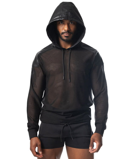 Intake hooded long sleeve black mesh hoodie with solid black fabric accents on shoulders and cuffs visible from front