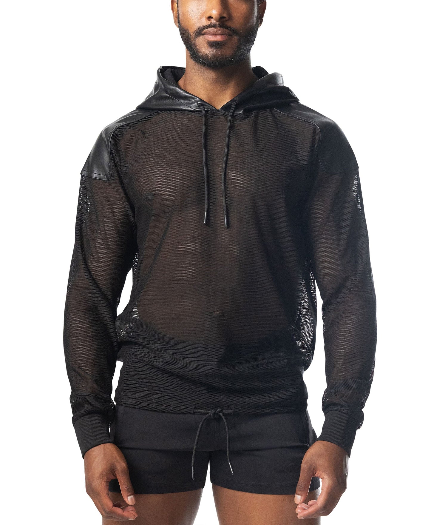 Intake hooded long sleeve black mesh hoodie with faux leather shoulder panels and a drawstring hood