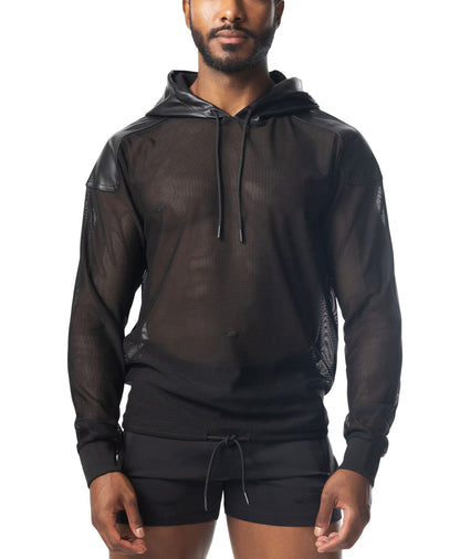 Intake hooded long sleeve black mesh hoodie with faux leather shoulder panels and a drawstring hood