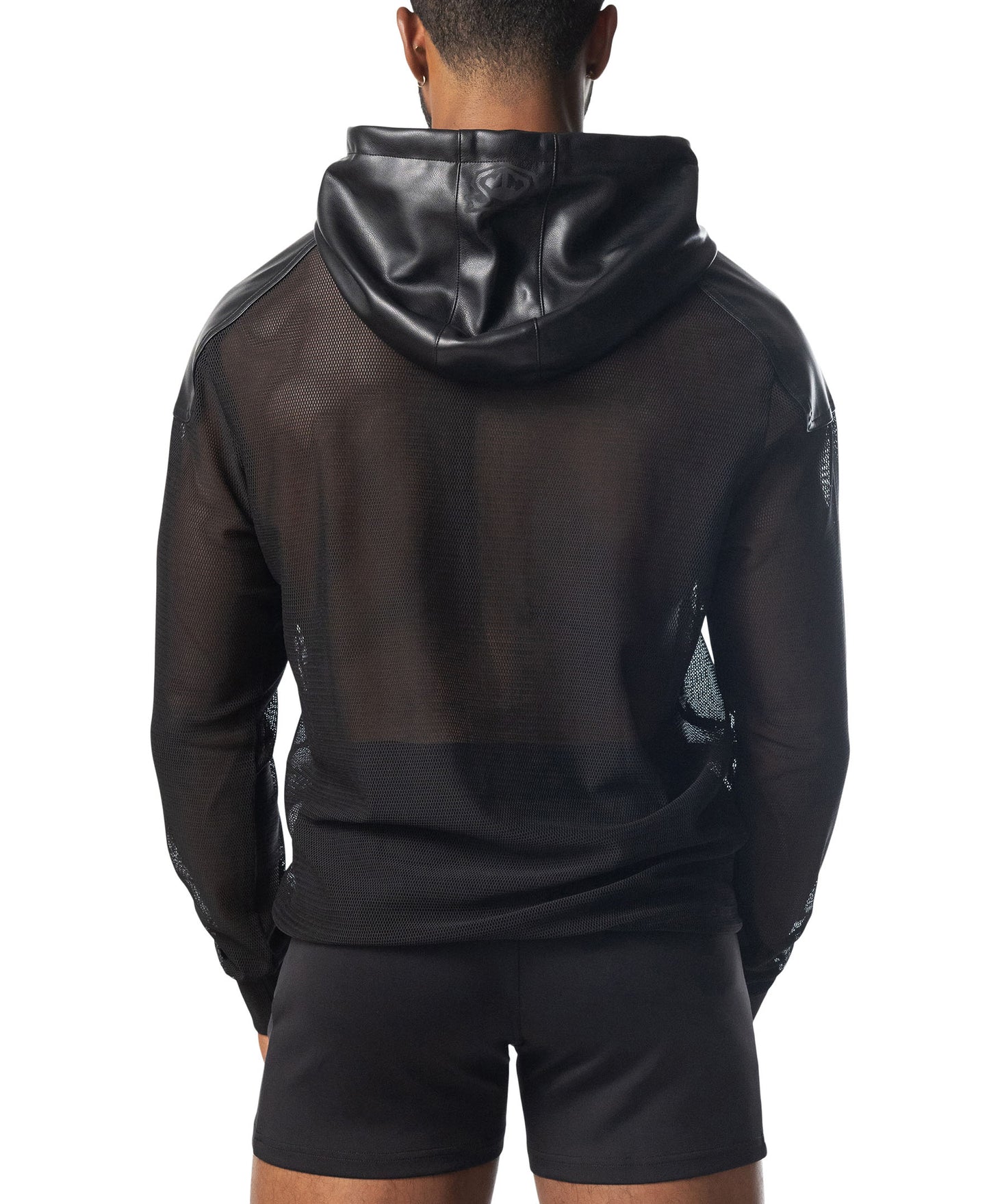 Intake hooded long sleeve black mesh hoodie with shiny faux leather hood visible from the front view