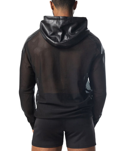 Intake hooded long sleeve black mesh hoodie with shiny faux leather hood visible from the front view