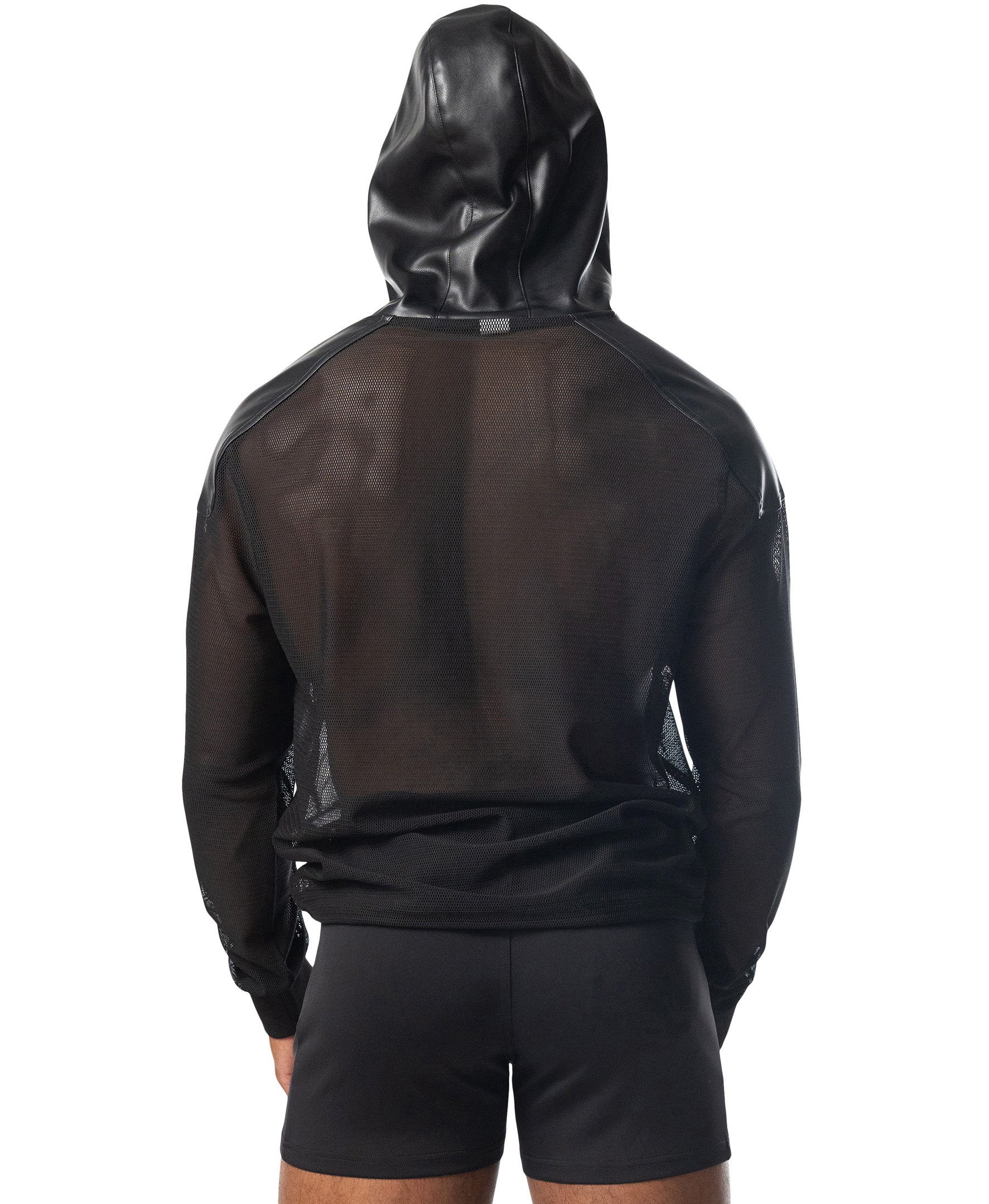 Intake hooded long sleeve black mesh hoodie with glossy black hood and solid black sleeves front view