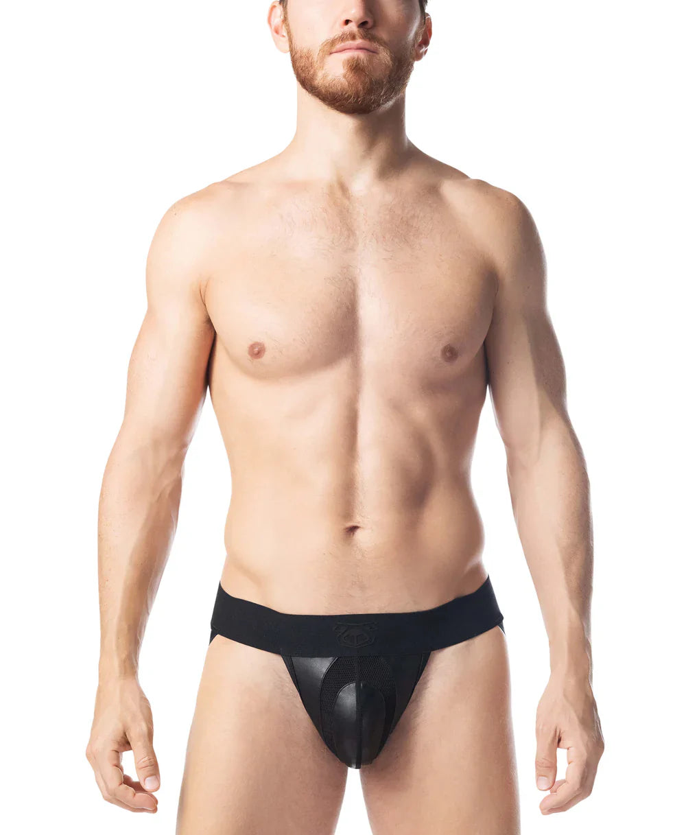 Intake jockstrap featuring black mesh briefs with a solid black waistband for breathable support