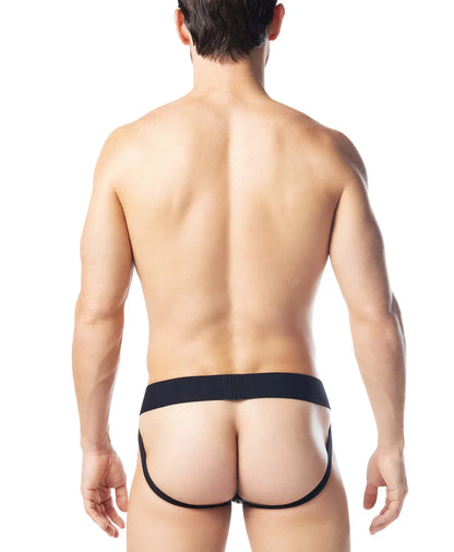 Black form-fitting intake jockstrap briefs with a sleek minimalist design ideal for comfortable everyday wear