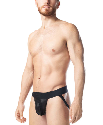 Black leather-like intake jockstrap briefs with wide waistband and supportive side straps shown from front