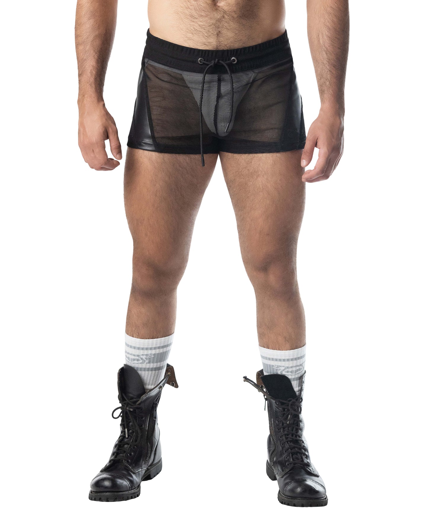 Intake trunk short black mesh boxer shorts with drawstring waistband and shiny faux-leather side panels